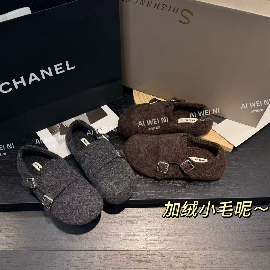 LAIMINI 秋冬季miu系韩版毛呢扣带加绒保暖一脚蹬懒人毛毛鞋