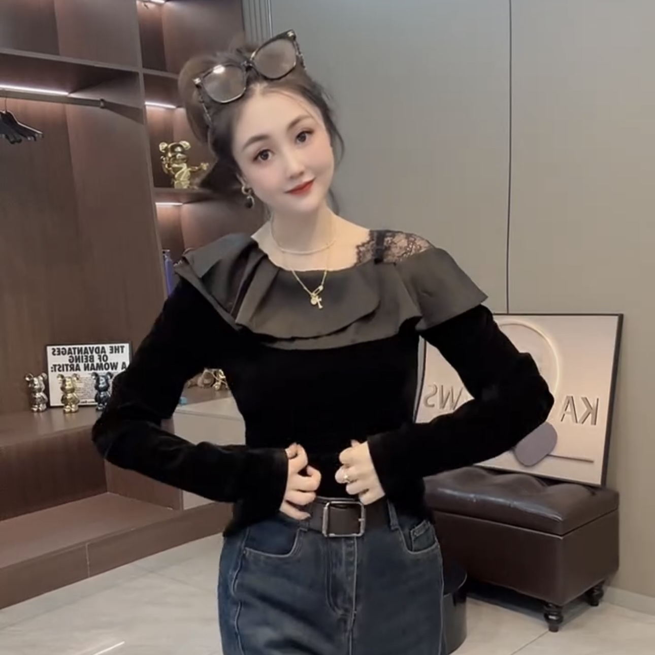 长袖拼接透气常规款常规斜领T恤收腰打底衫气质针织