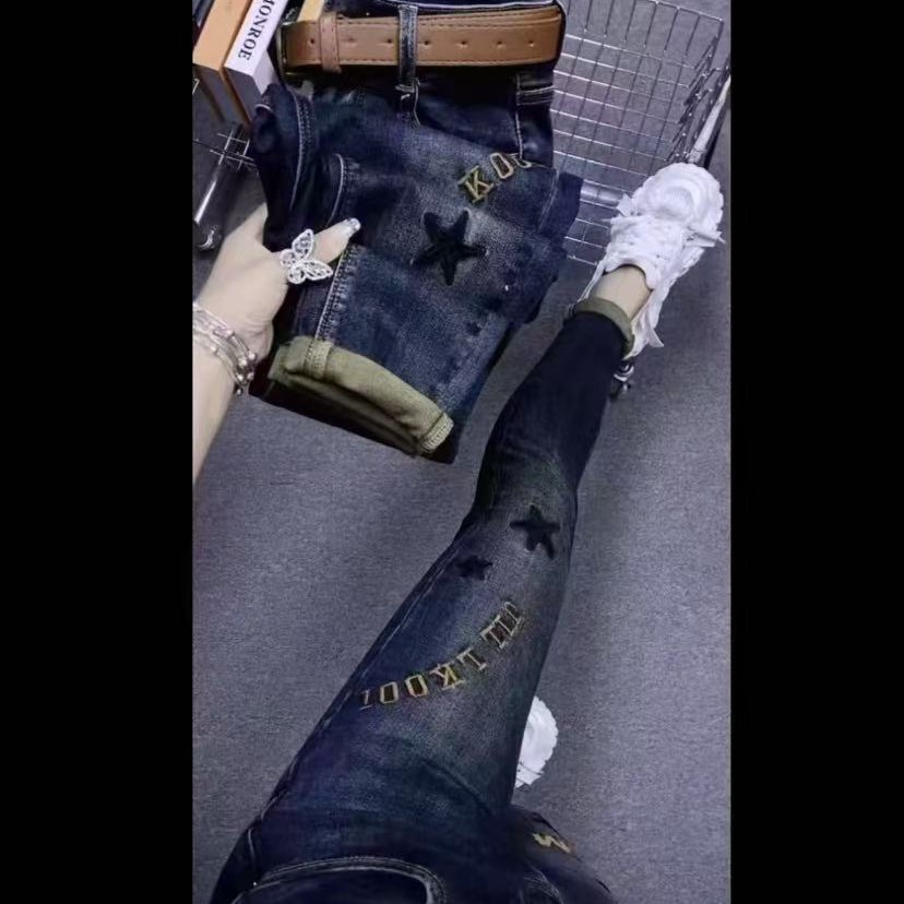 2361复古蓝高弹刺绣洋气显瘦小脚裤