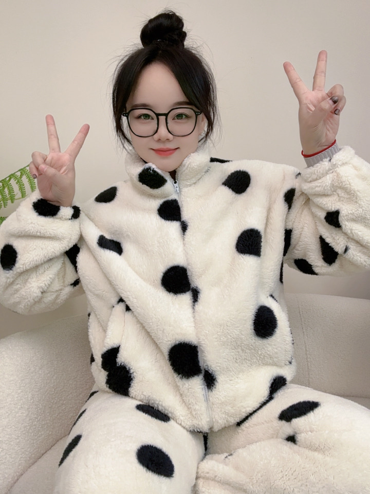 时尚慵懒风双面绒加厚立领家居服套装女冬季保暖珊瑚绒两件套睡衣