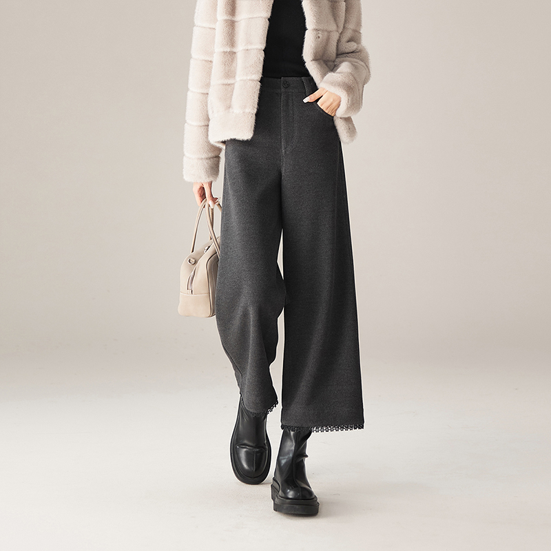 索菲丝尔2025冬新款加厚桑蚕丝羊毛蕾丝拼接九分阔腿毛呢裤541067