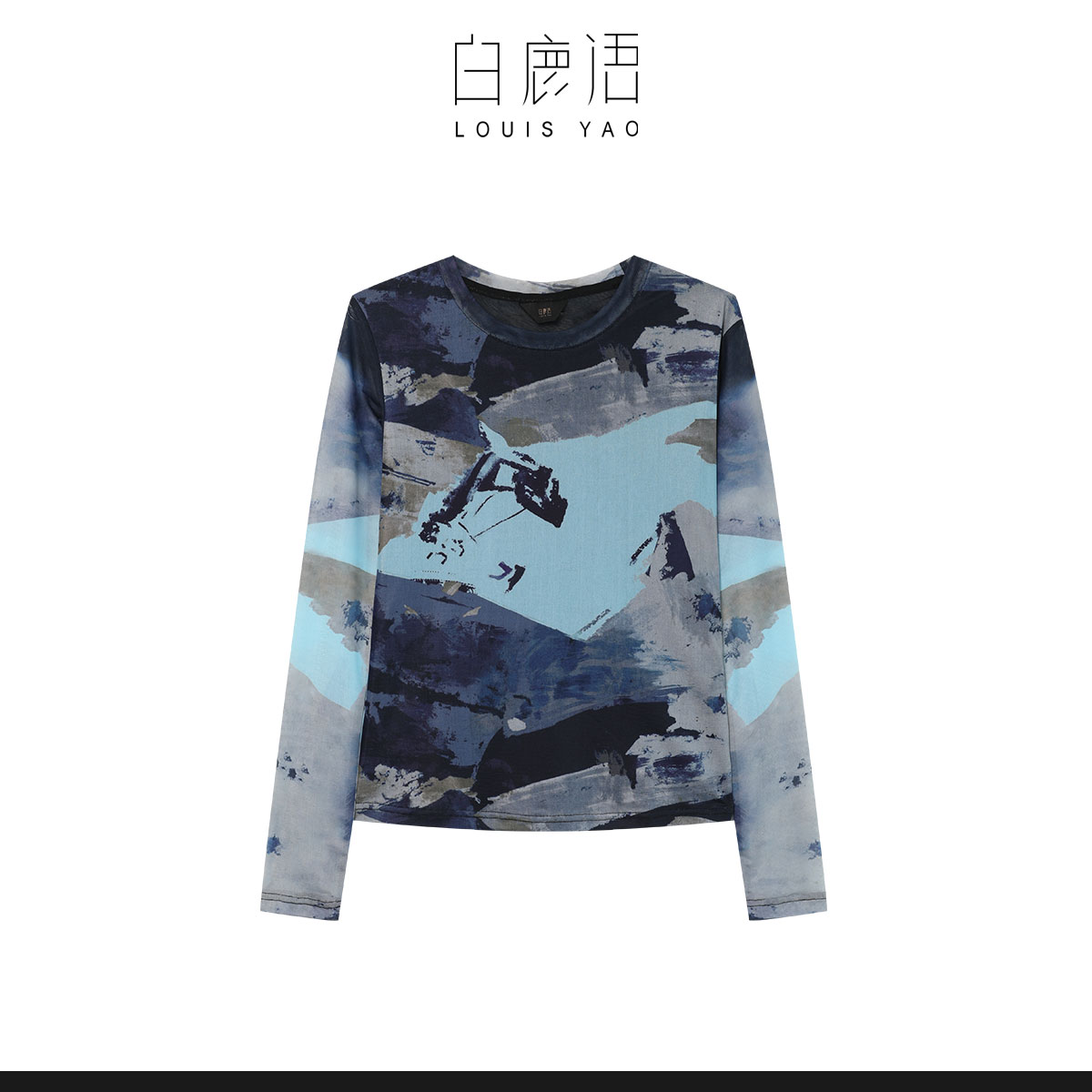 白鹿语春秋时尚好搭打底气质圆领印花长袖网纱上衣女BL10265