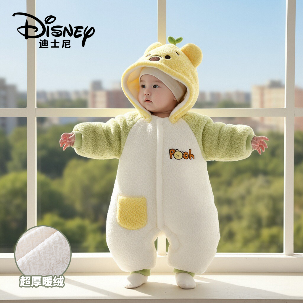 Disney/迪士尼新生儿加绒连体衣婴儿冬天衣服宝宝亲肤保暖爬爬服
