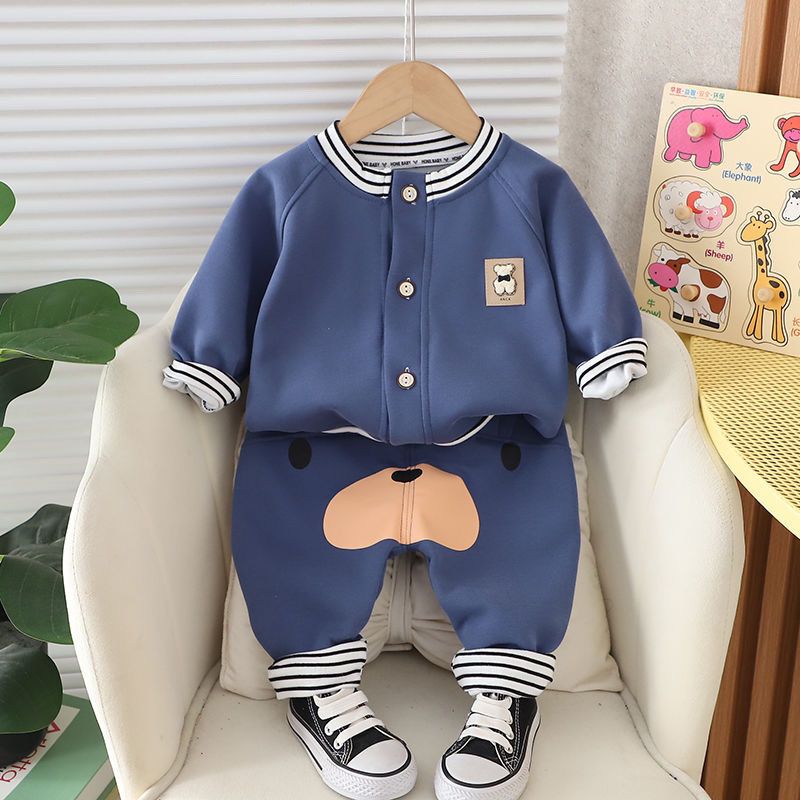 春秋宝宝套装卡通条纹高腰屁屁裤子套装儿童外套婴幼儿衣服春秋款