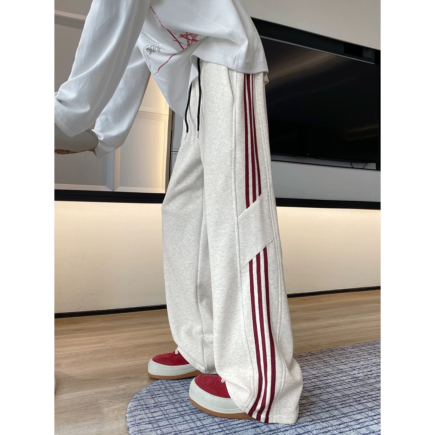 条纹加绒加厚休闲长裤男秋冬新款直筒卫裤美式宽松运动三条杠裤子