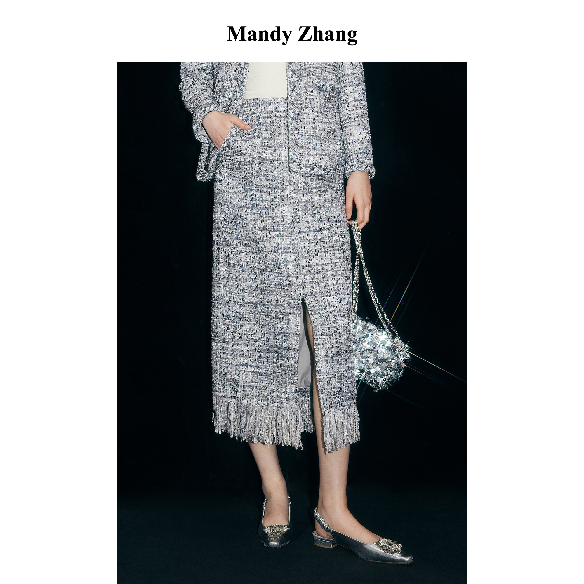 【达人专属】MandyZhang半身裙女秋季千金开衩编织裙子MBQ1008