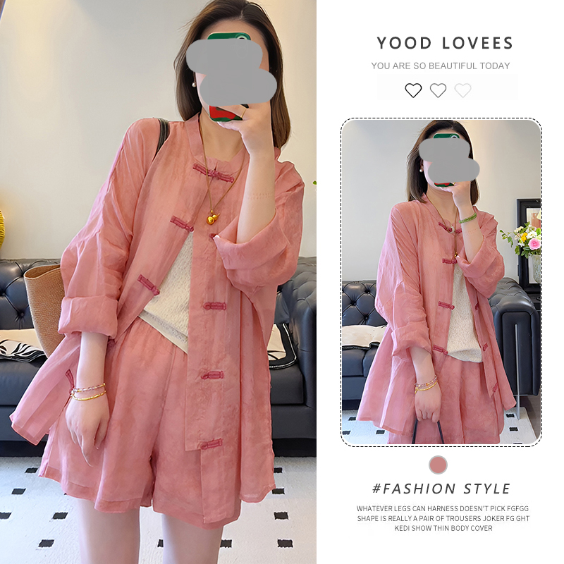 2025夏季新款时尚百搭显瘦宽松盘扣复古中式减龄防晒衬衫短裤套装