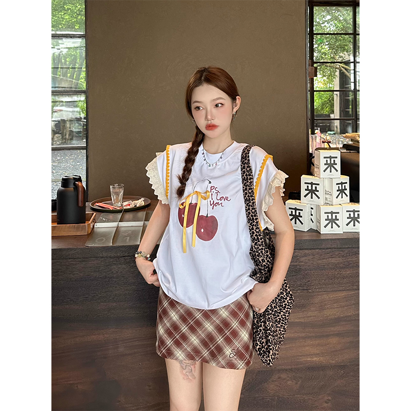 美式樱桃甜辣妹蕾丝拼接正肩短袖T恤女夏季设计感小众小飞袖上衣