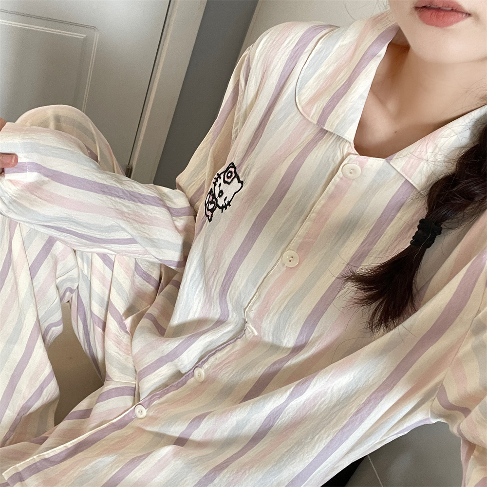 【条纹kt】云朵棉睡衣女春秋季长袖长裤套装日系卡通休闲女款家居服
