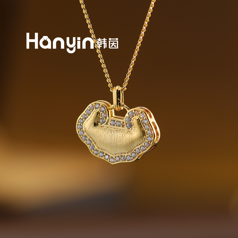 铜合金项链 简约大气微镶拉丝平安锁项链国风新中式饰品