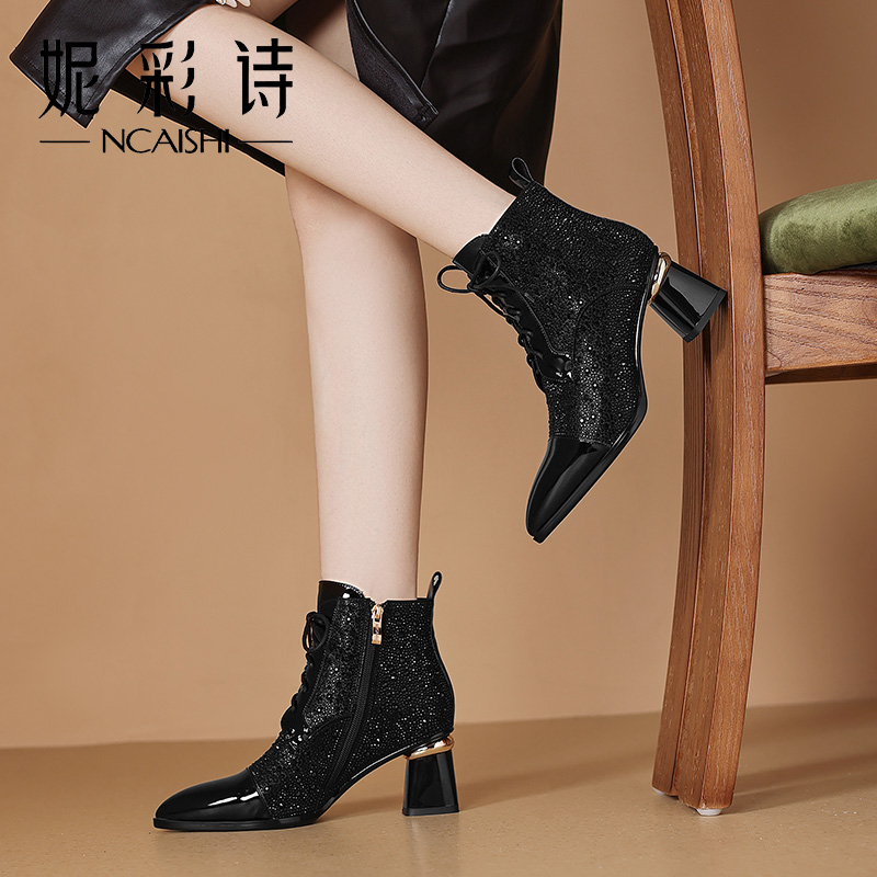 2025年新款复古系带裸靴保暖搭子气质款百搭短靴黑色0818