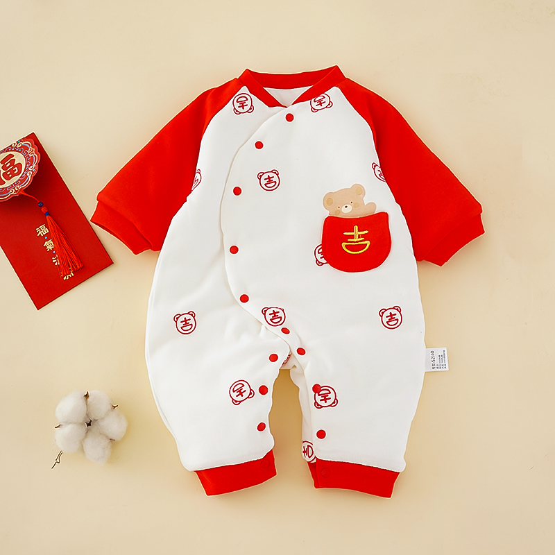 A类国风新生夹棉爬爬服深秋冬保暖冬季加厚