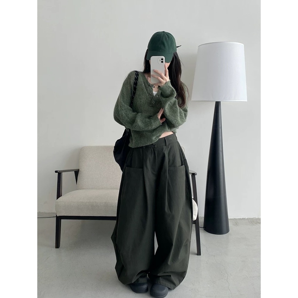 sun柚干秋渡薄款宽松军绿色拖地裤女韩版百搭纯色休闲裤子复古