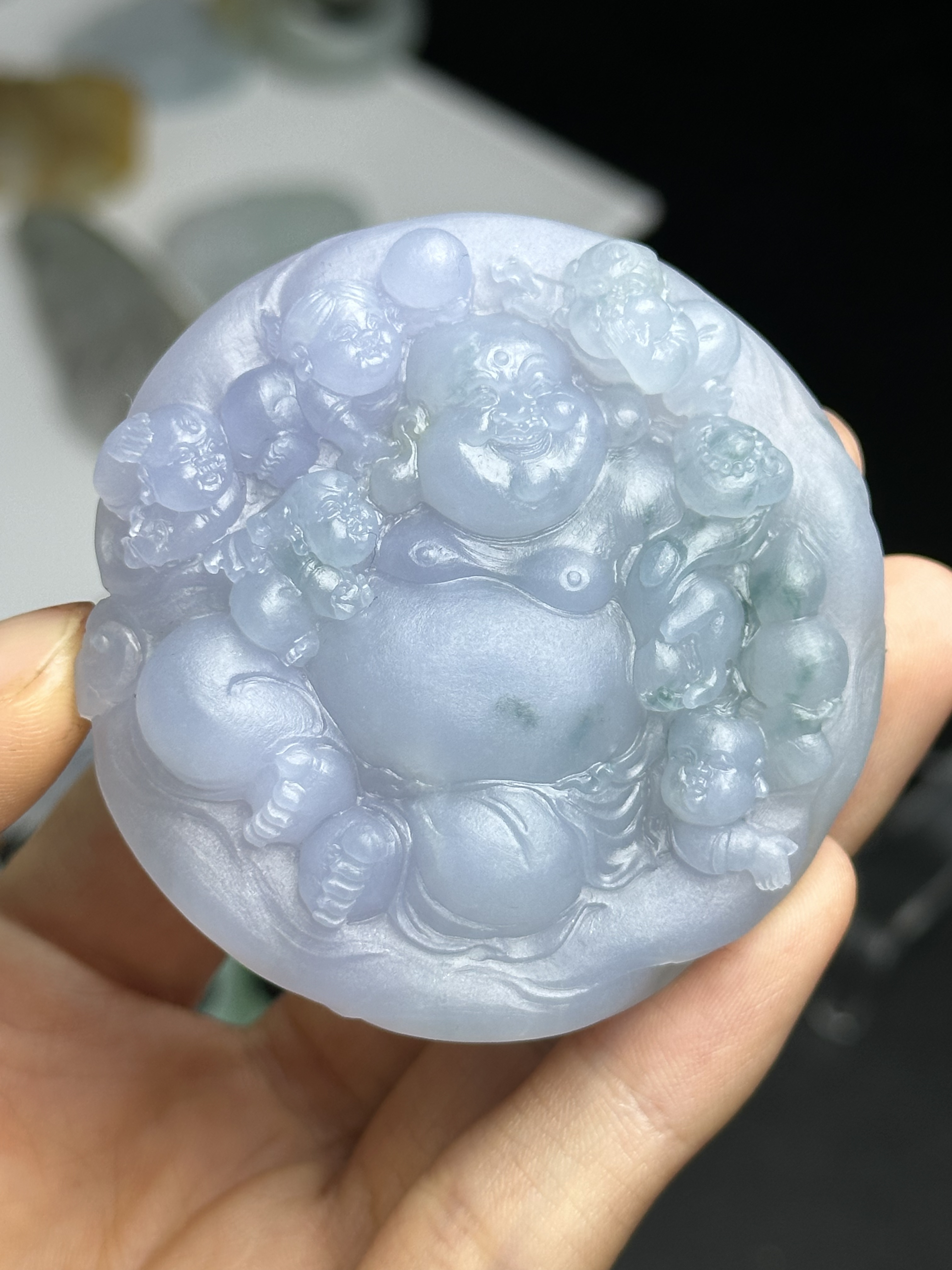 天然缅甸a货翡翠冰紫底满色五子登科佛
