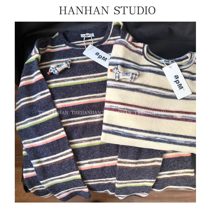 HANHAN - 「立体腊肠狗」韩单秋冬款加厚兔毛绒条纹打底韩系简约