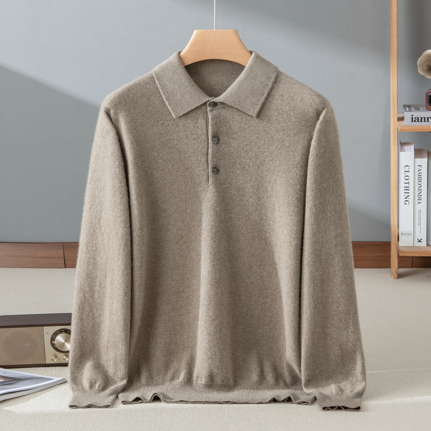 【100%纯山羊绒】秋冬男士POLO领套头长袖简约百搭针织打底衫300克