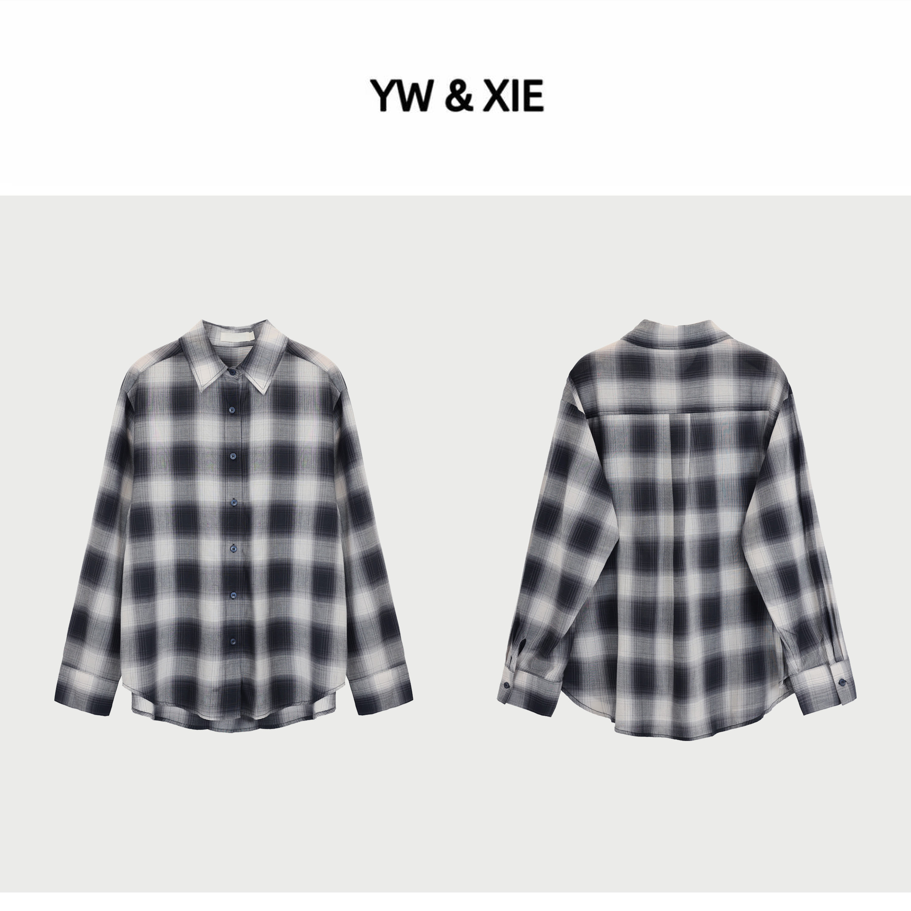 YW&XIE<259550> 100棉 休闲衬衫复古拼色格纹衬衫秋季长袖格纹秋