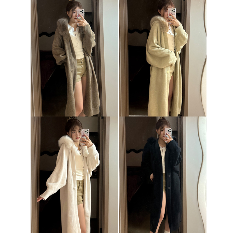 毛毛领外套长款秋冬季针织开衫毛衣女装大衣宽松时尚韩版休闲百搭