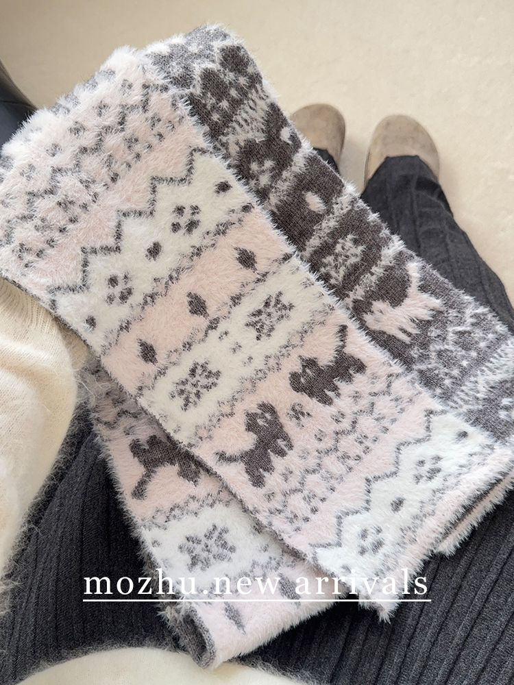 仿貂毛粉色可爱猫咪针织围巾女款冬季韩系氛围感加厚保暖护颈围脖