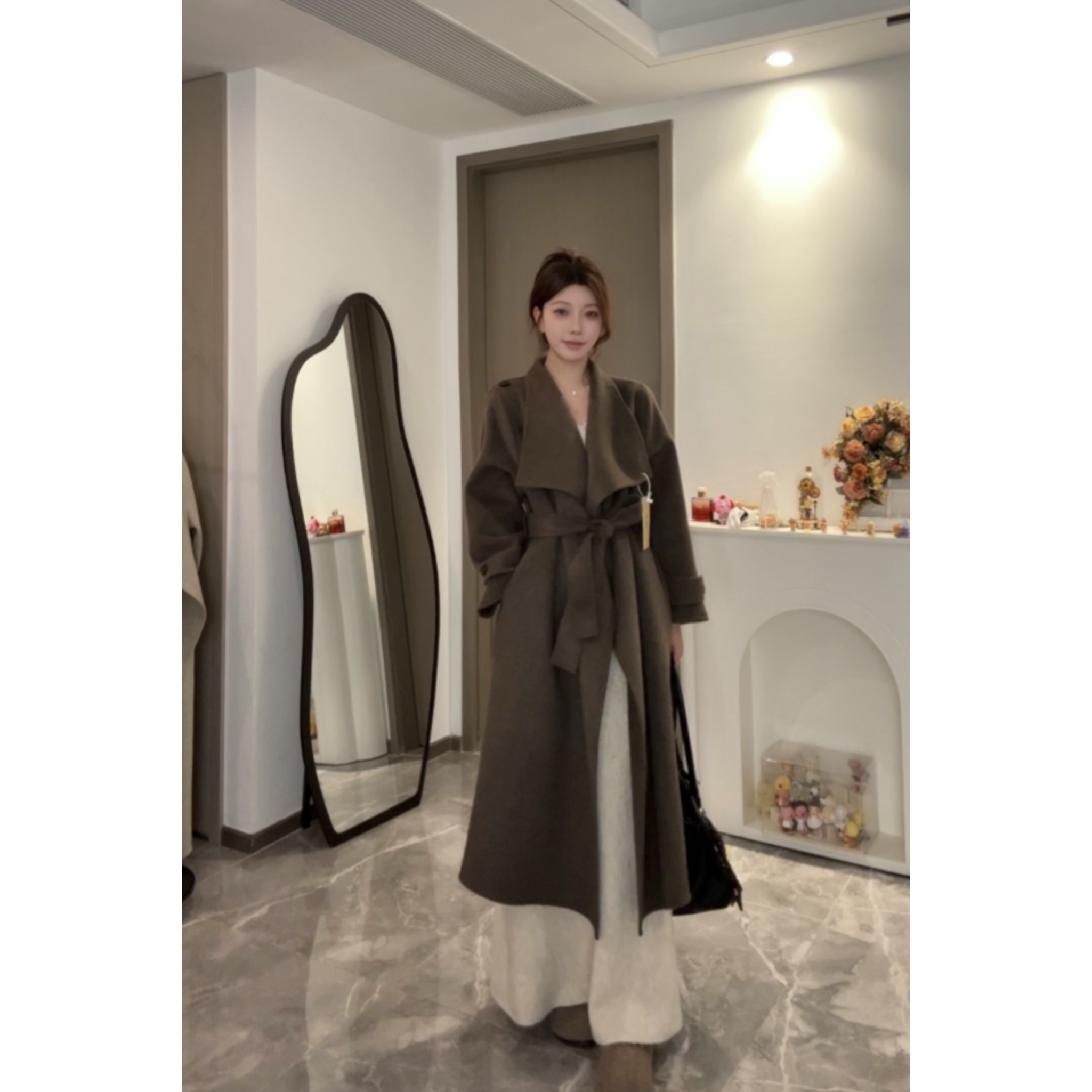 【】25年秋冬新款休闲腰带中长款双面羊毛大衣外套女装