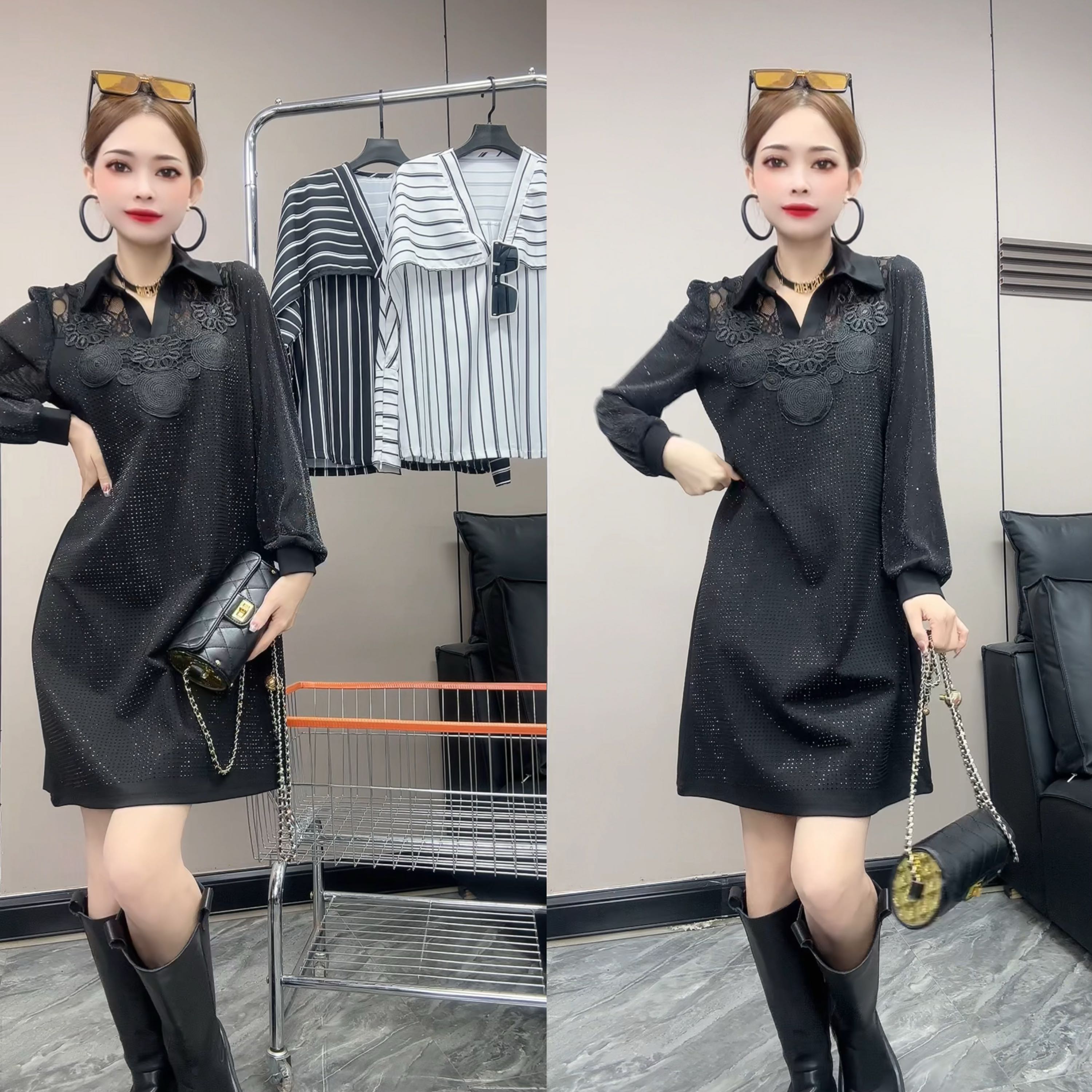 1361#YLJ新款重工亮钻连衣裙宽松显瘦气质百搭蕾丝拼接中长裙