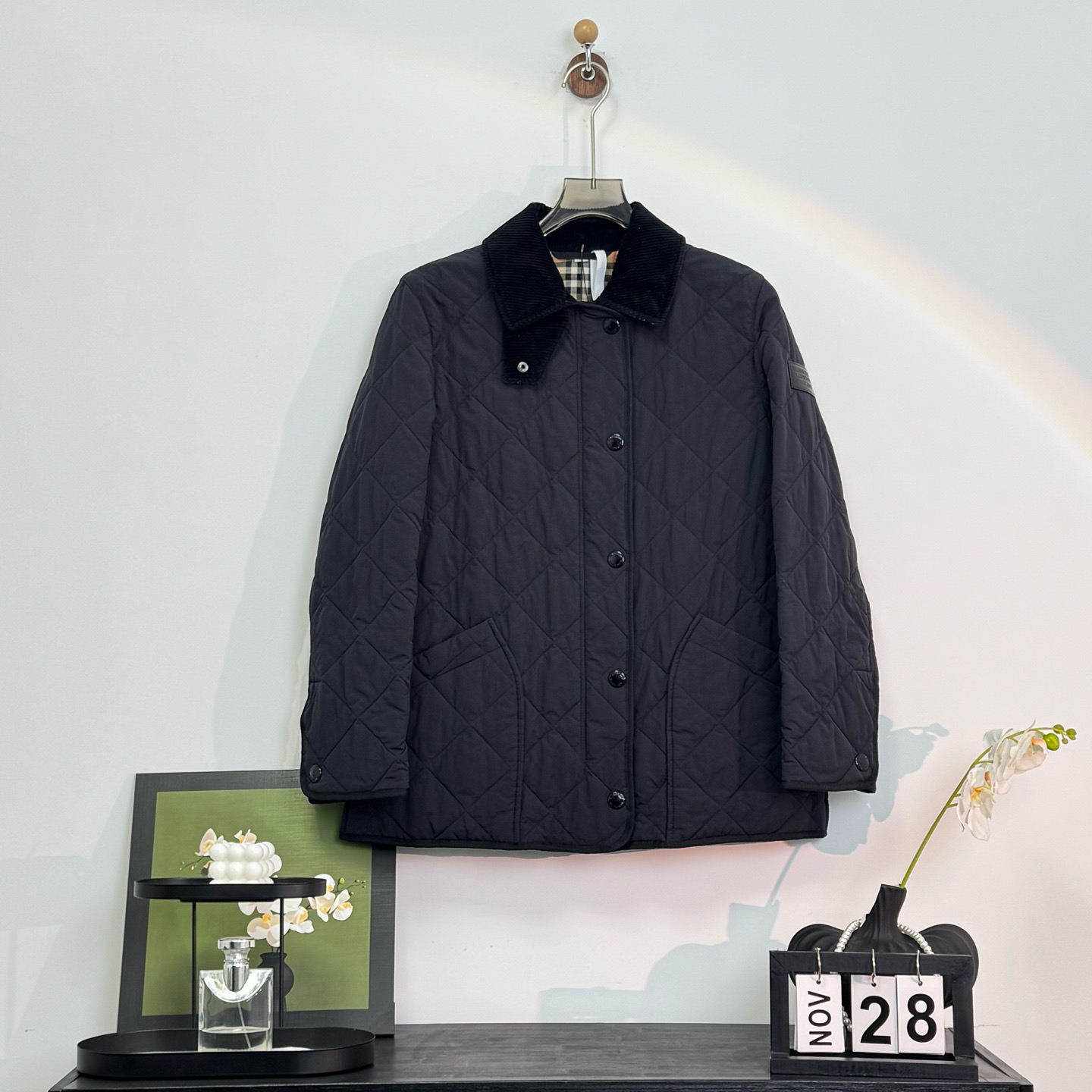 99新 BURBERRY/博柏利 黑色菱格徽标棉服外套 S码