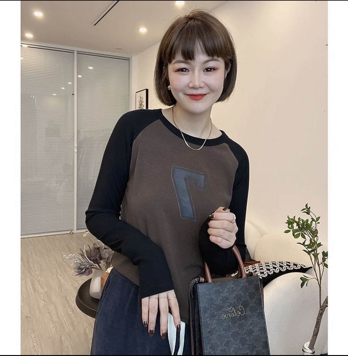 2025秋冬加绒新款印花拼色时尚百搭显瘦插肩袖保暖打底衫