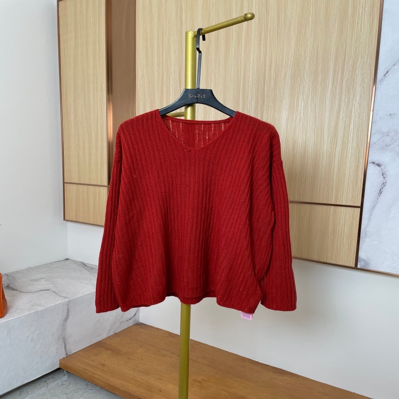 【SZ】大码女装2025新年红v领针织衫女  宽松坑条灯笼袖毛衣 显瘦慵
