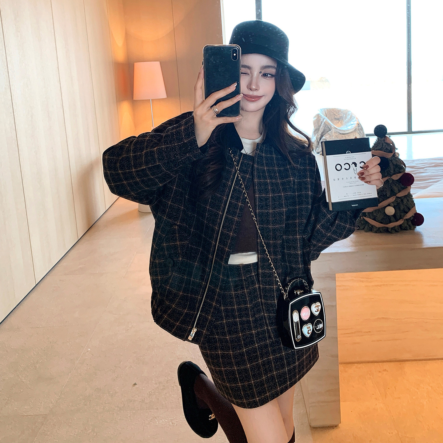 "复古画报"三星90白鸭绒羊毛粗花呢时髦入冬甜酷格纹-时尚套装