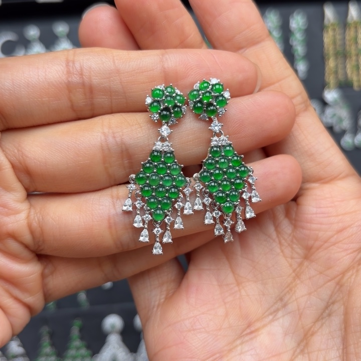 大***花翡翠银S925镶嵌耳饰