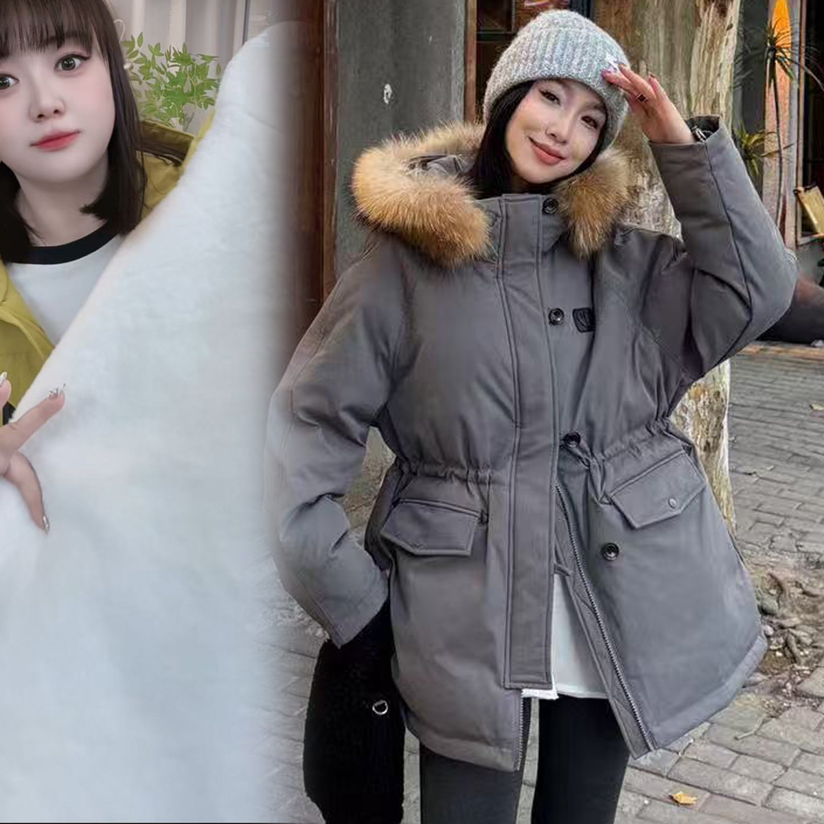 大码女装冬装新款大毛领派克服外套胖妹妹中长款加绒加厚宽松显瘦