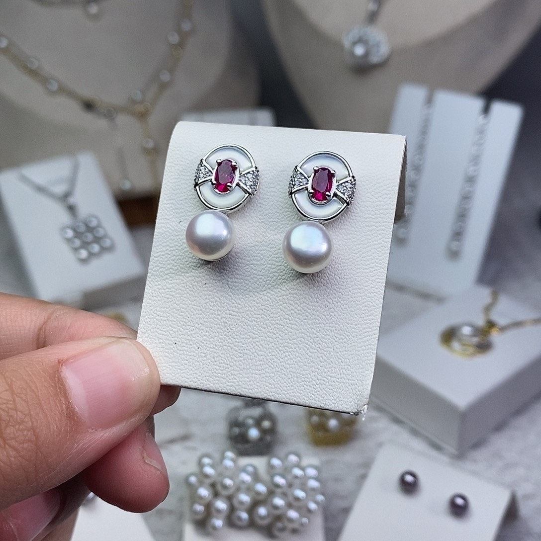 耳饰银S925镶嵌淡水珍珠