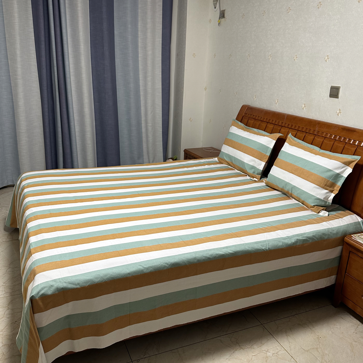 手工老粗布床单姜黄色彩条纹