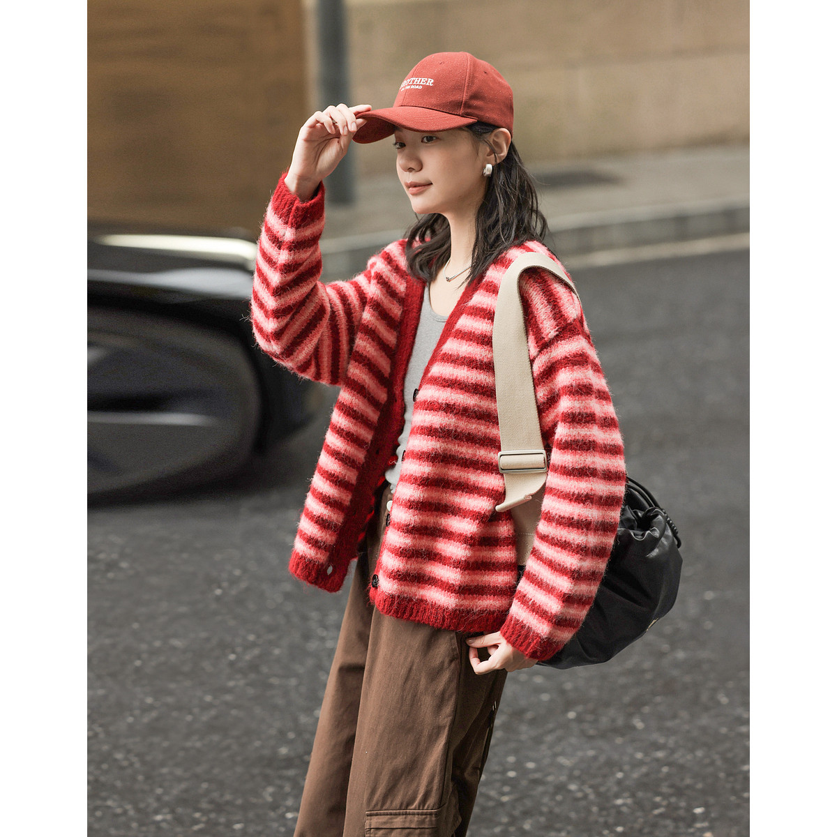 dme德玛纳复古条纹控秋慵懒风V领条纹撞色开衫含绵羊毛针织衫女