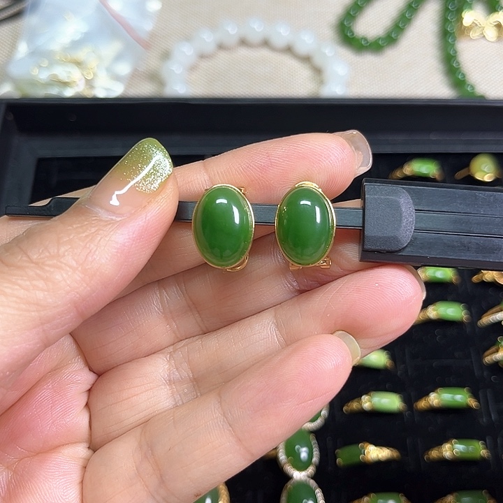 和田玉（碧玉）耳饰银S925镀金镶嵌原****晴