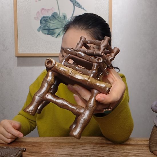 嫣****不规则粗砂羲媧娃系列作品竹桌凳组合