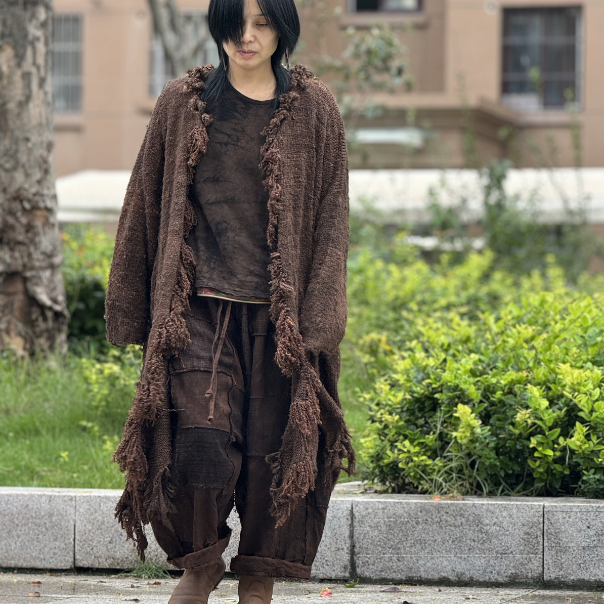 手工编织植物染色一百的柞蚕丝重工风衣外套