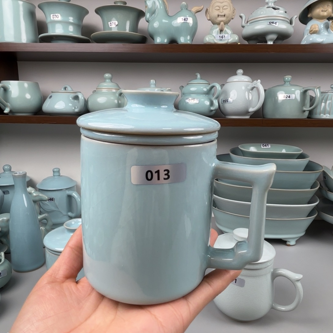 何***子陶摆件汝瓷办公杯三件套圈足烧天青釉微瑕013