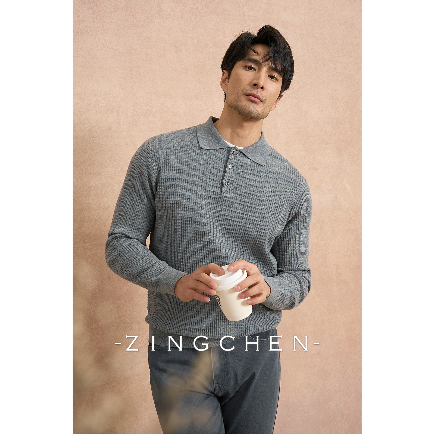 【可机洗棉山羊绒】ZINGCHEN针织长袖polo衫男 春秋编织格纹毛衣