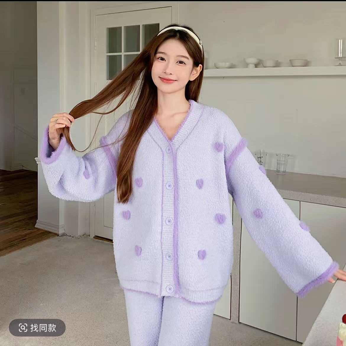 半边绒居家服睡衣套装保暖加绒高档可外穿秋冬家居服