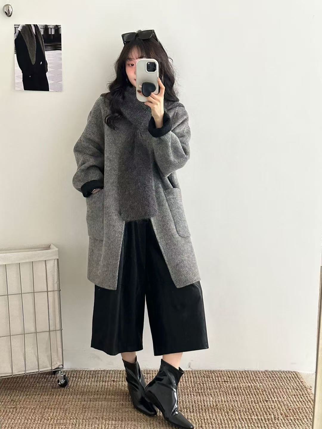 【慧慧精选】冬季新品～韩系针织帽子中长款绵羊毛双面大衣