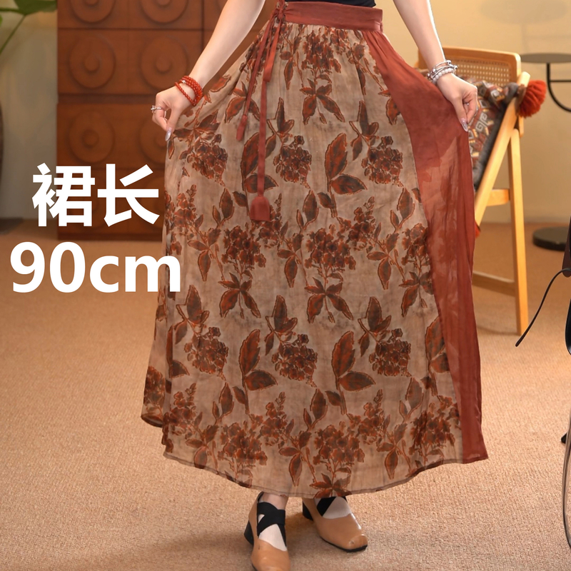 顾玖儿100%苎麻夏季气质显瘦复古花色半身裙#V230