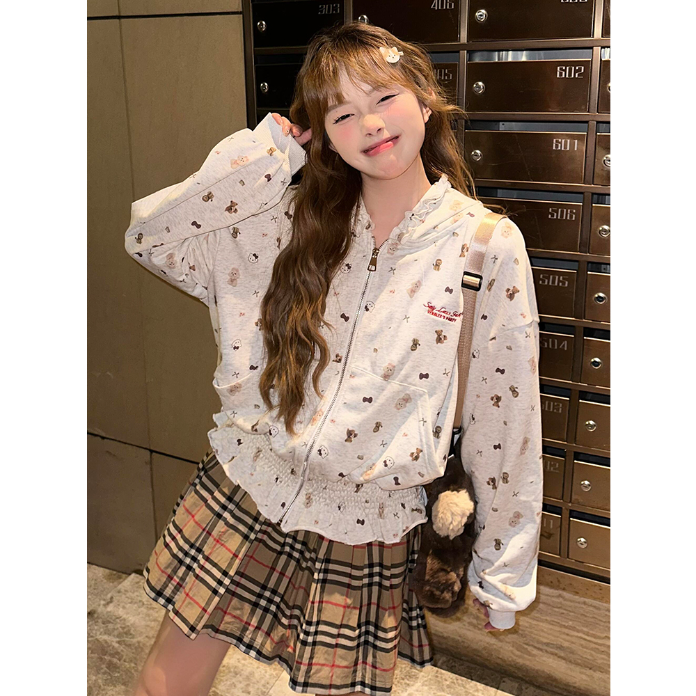 复古潮流美式满印褶皱连帽卫衣外套女2025春秋新款慵懒短款上衣