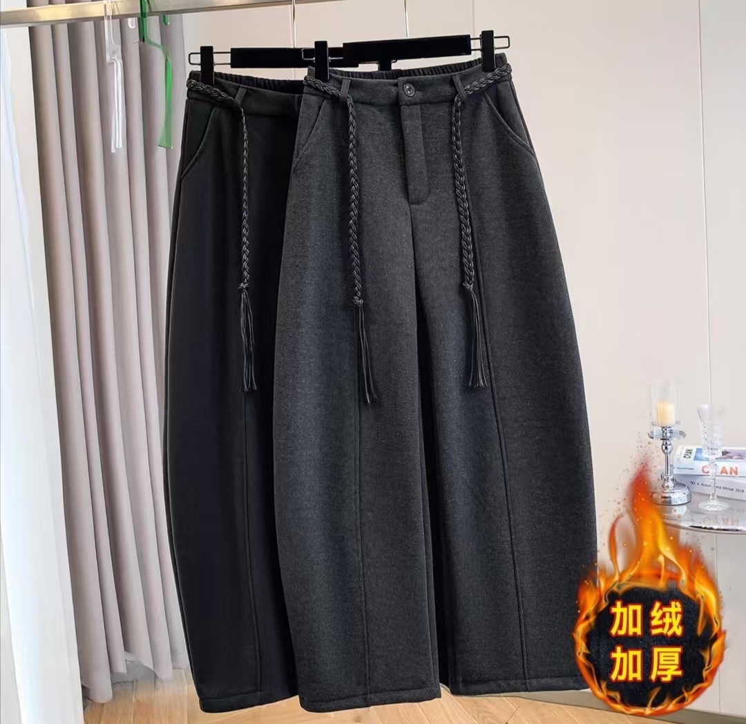2025新款加绒加厚弯刀裤毛呢腰带阔腿裤