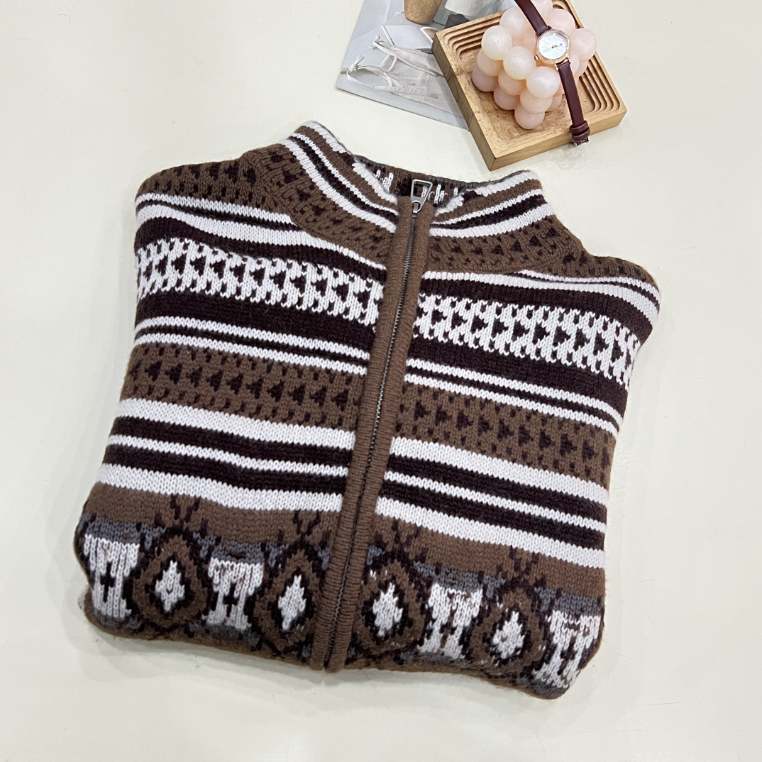 绒品 韩系提花加厚小立领双开开衫针织衫