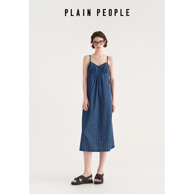PLAIN PEOPLE丹宁牛仔提花无袖吊带连衣裙长裙女蓝色2025夏季新款