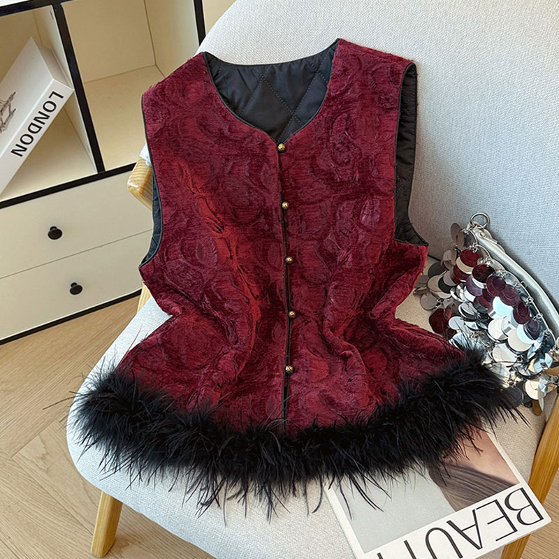 秋冬加厚毛毛百搭背心新中式国风盘扣夹棉马甲日常高端红色减龄