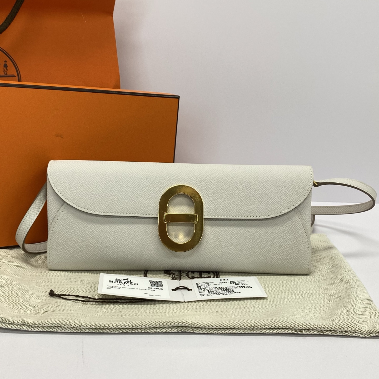 99新 Hermes/爱马仕 Maillon浅灰色金扣猪鼻子togo包 93698