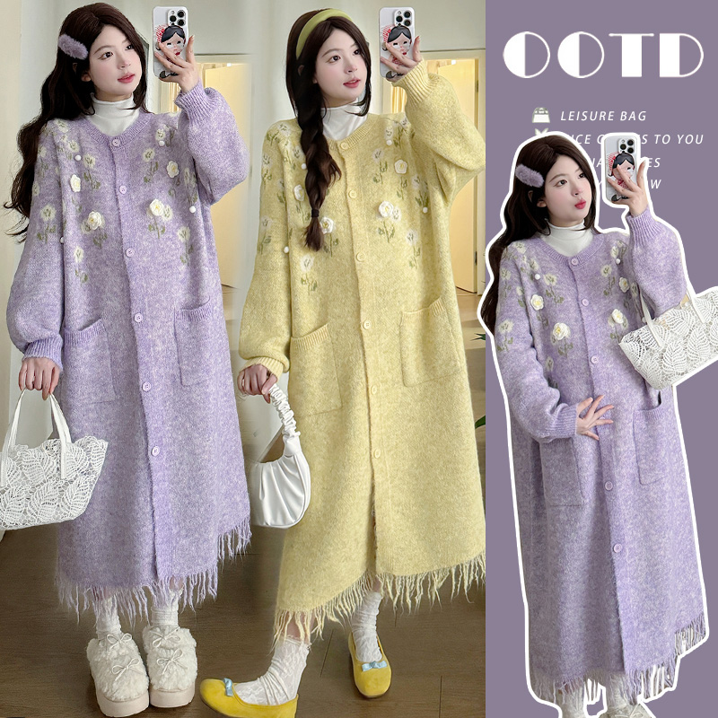 孕妇装套装秋冬季2025新款孕期穿搭法式立体花流苏毛衣外套连衣裙