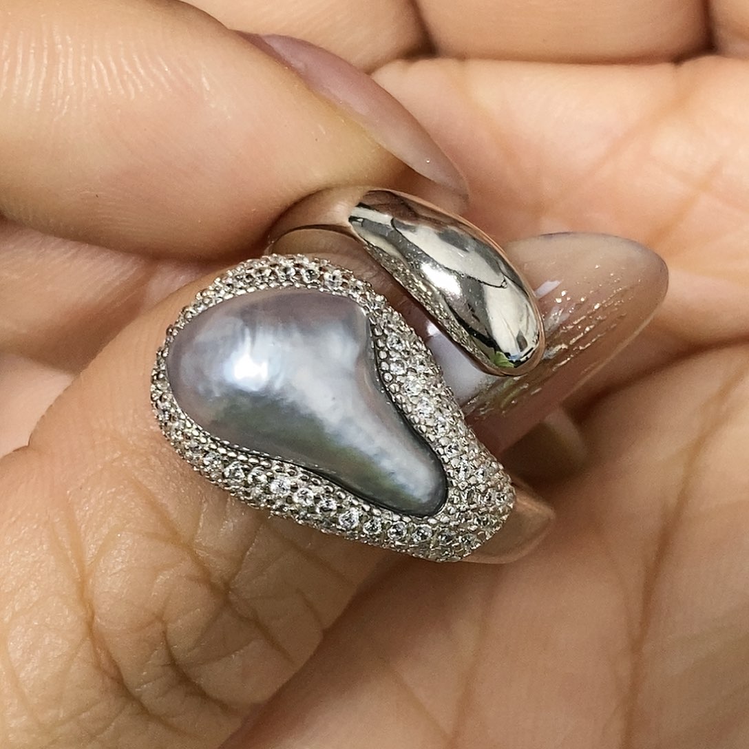 海水珍珠戒指银S925镶嵌艾*